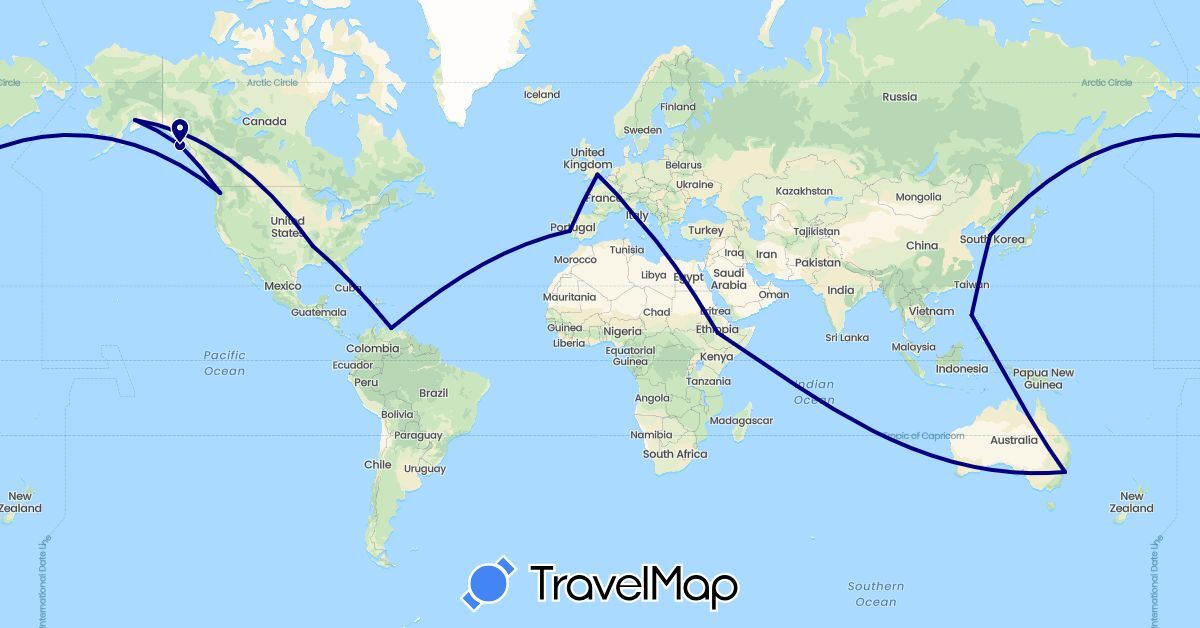 TravelMap itinerary: driving in Australia, Ethiopia, United Kingdom, Italy, South Korea, Philippines, Portugal, United States, Venezuela (Africa, Asia, Europe, North America, Oceania, South America)